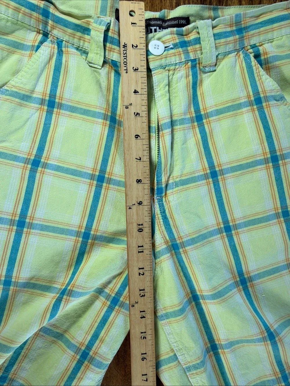 Vintage Y2K South Pole Yellow Plaid Flat Front Shorts with Blue & Orange Stripes